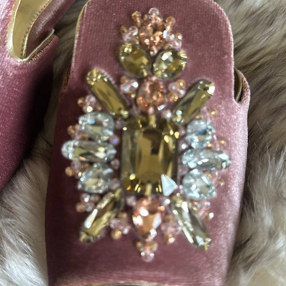Pink velvet slides Rhinestones crystals New with dustbags & a box - Picture 4 of 10